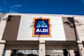 Miami, Fl - Dec 28 2025: The sign to an ALDI is seen on the facade of a building.