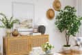Living room with woven sideboard, potted plants, round coffee table, and wall hats.