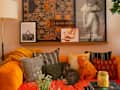 Cozy living room with orange sofa, colorful cushions, cat, framed art, and decorative plants.