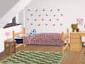 Cozy bedroom with a leopard print bedspread, desk, chair, and cherry wall decor. Green patterned rug on wooden floor.