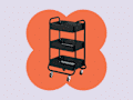 Black rolling cart with three shelves and wheels, set against a colorful background.