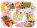 A collage of diverse individuals engaging in various activities: pottery, cooking, studying, and shopping, with vibrant colors and playful expressions.