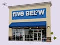 Storefront of a Five Below shop featuring a blue awning, large signage, and promotional displays for school supplies.