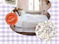 Collage of cottagecore decor with groovy mushroom print on top left, image of a cottagecore decorated bedroom in the center and floral wallpaper on bottom right.