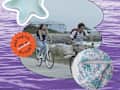 Collage of The Summer I Turned Pretty themed decor. Photo of still of 2 characters from the show riding their bikes along the coast, photo of a starfish jewelry dish, photo of toile bedding, background of the ocean