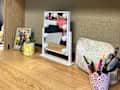 bubble light small mirror on dorm desk with upper shelf built in