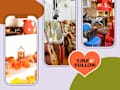 3 photos of secondhand decor: 1. Orange and yellow items on thrift store shelves, 2. room in home with 70's chair, guitar, vintage cameras, 3. flea market with colorful lamps, chairs, etc