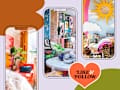 3 photos of colorful maximalist rooms, heart with text that reads "Like & follow"
