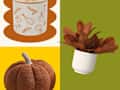 3 autumn decor products on a colored background