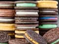 head on shot of three stacks of the different flavored oreos.