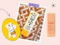 Various types of sunscreen on graphic background.