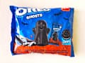 Oreo Ghosts package featuring a dark chocolaty ghost-shaped cookie, with bats and spiderwebs on a blue background.