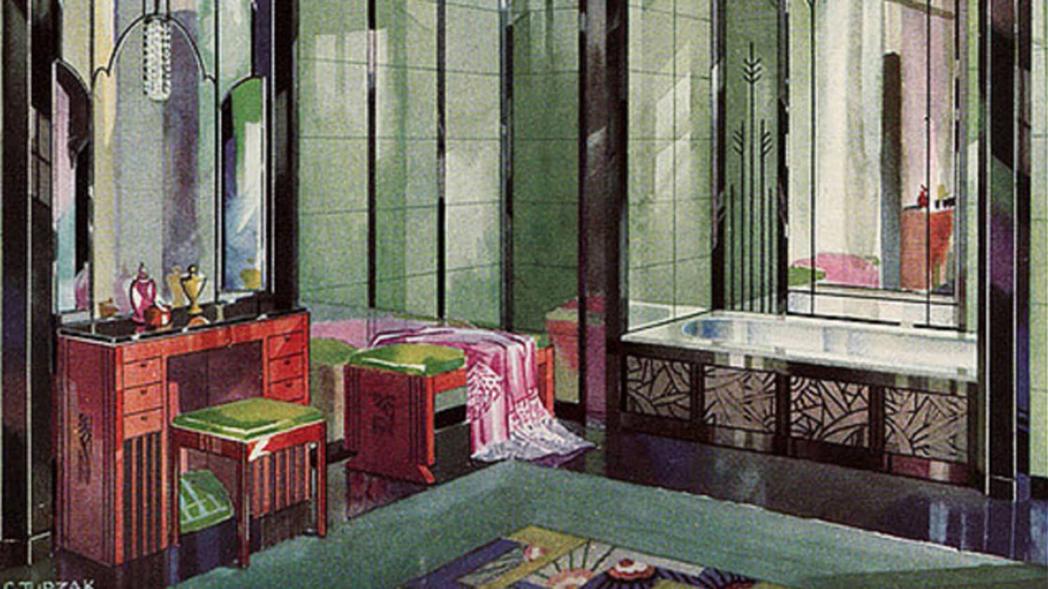 Colorful Tile In 1920s Art Deco Bathrooms Apartment Therapy Beach style wall tile mosaic kitchen backsplash tiles green bathroom silver glass conch stone white marble iridescent mosaic art deco sheets pack of 11pcs(12.4x11.8x0.31 inches/each). colorful tile in 1920s art deco