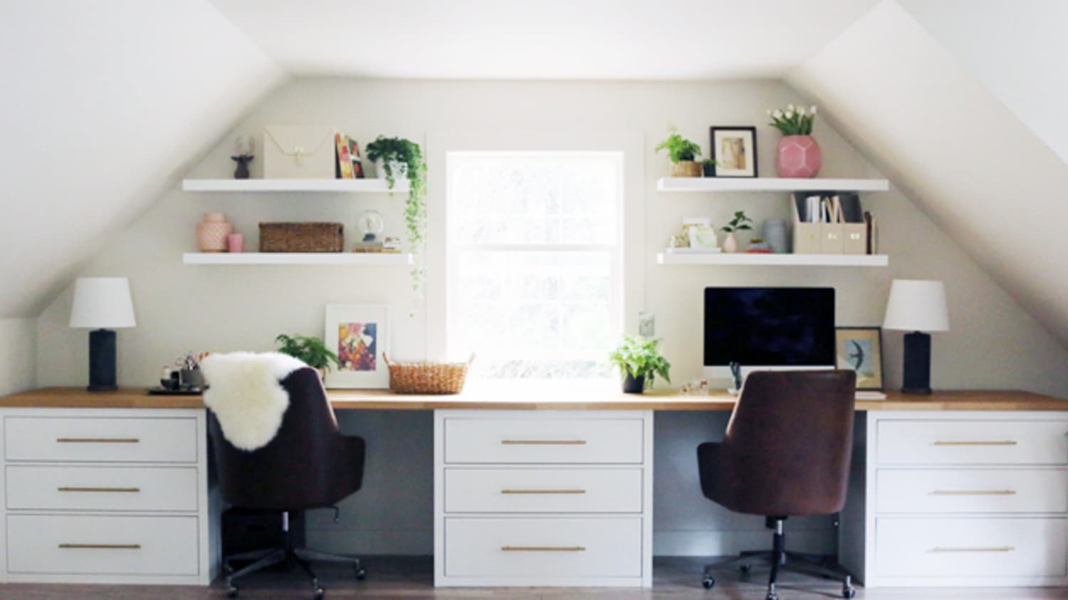 office with double desk and peninsula in the center