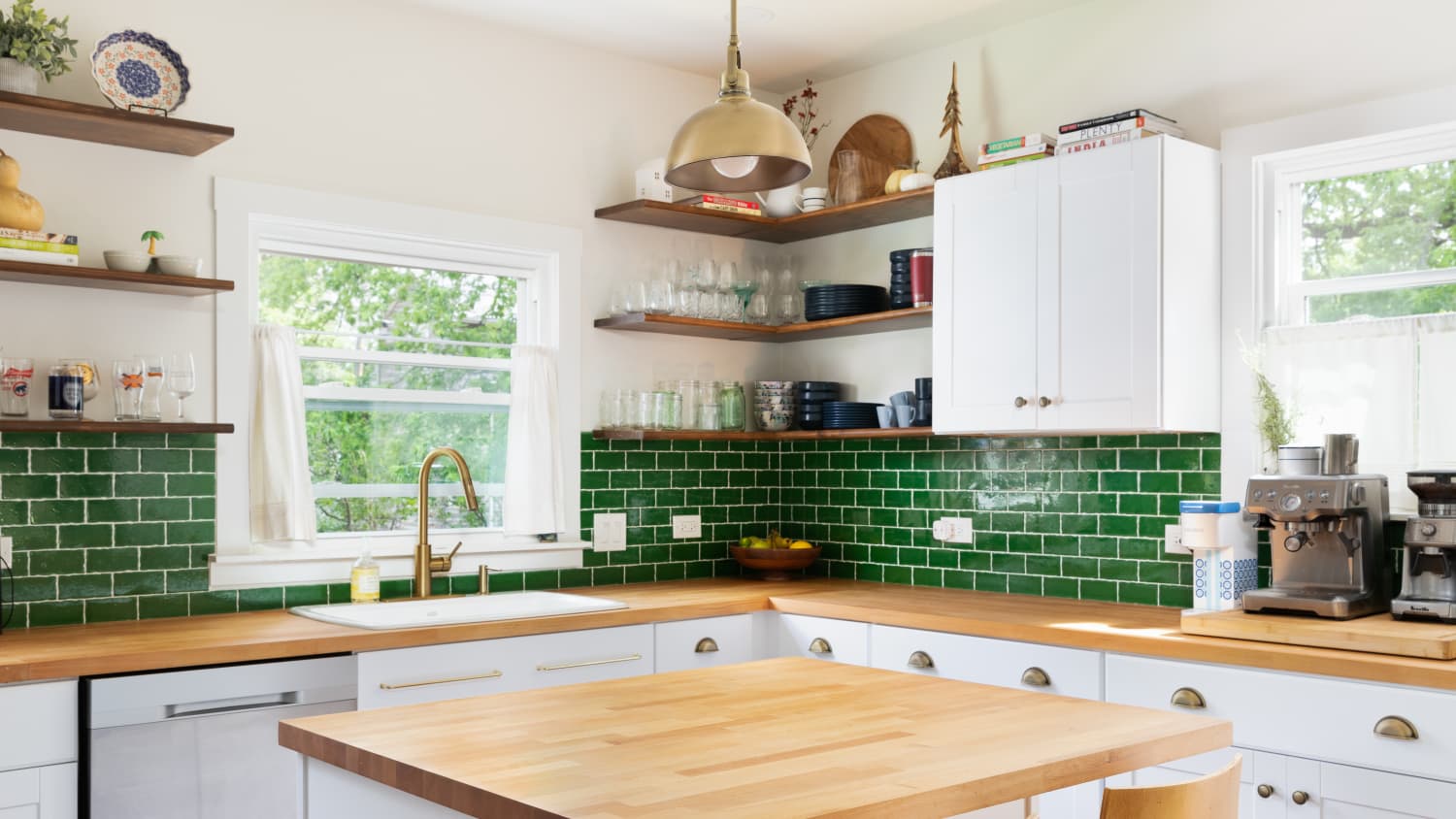 green and white tile backsplash