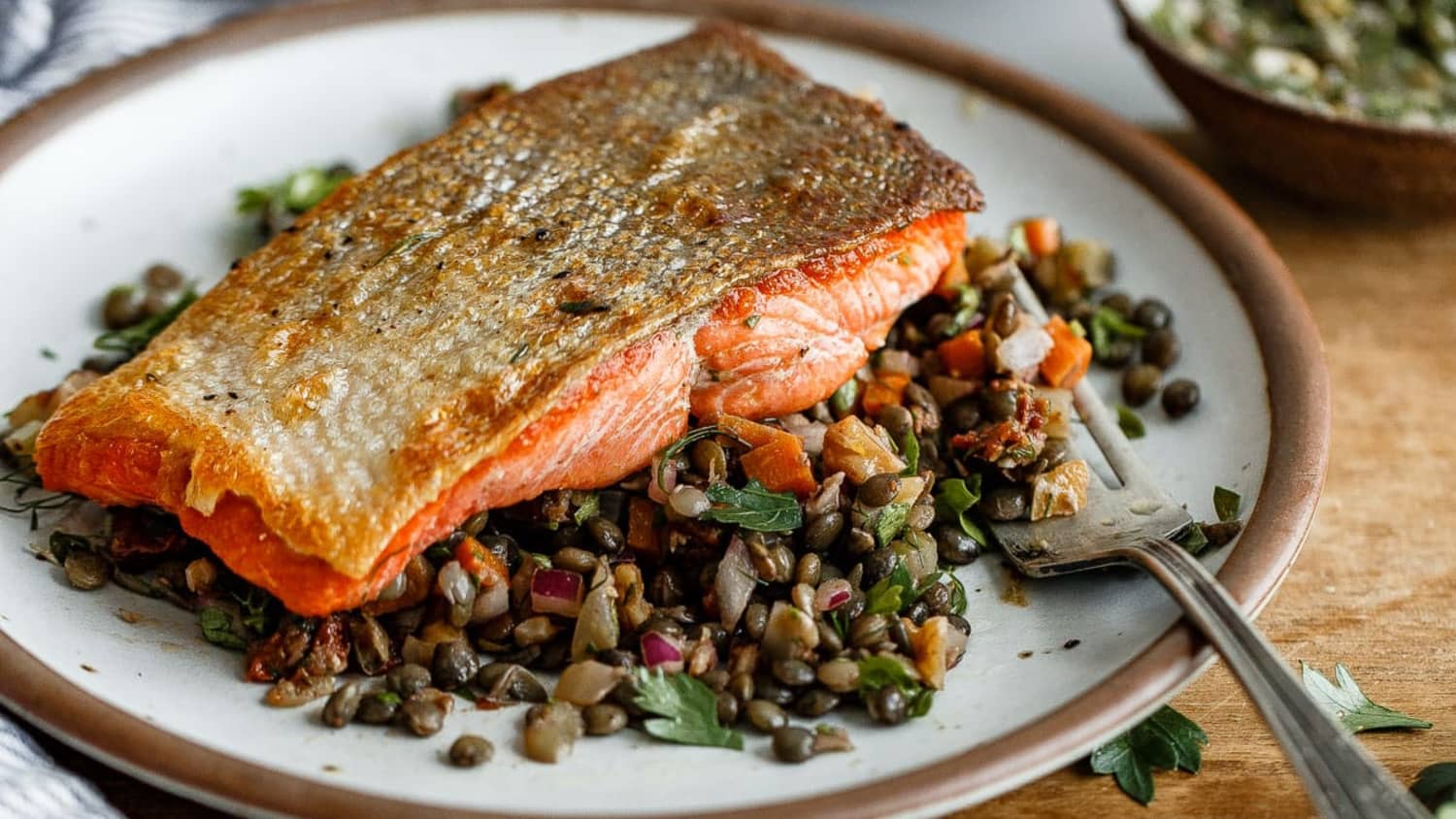 Salmon With Caper Herb Vinaigrette And French Lentil Salad A Beautiful Plate Kitchn Salmon with lentils recipe : french lentil salad