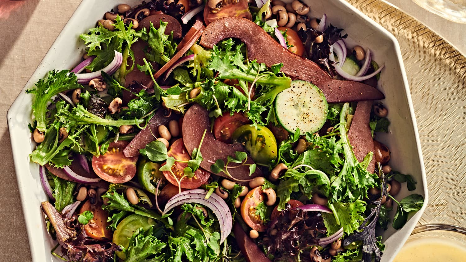Field Greens, Poached Pear, and Black-Eyed Pea Salad with Citrus