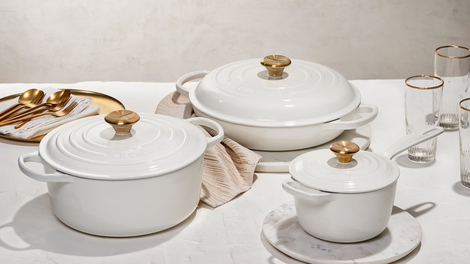 Le Creuset All-White Collection With Golden Knobs Has Launched