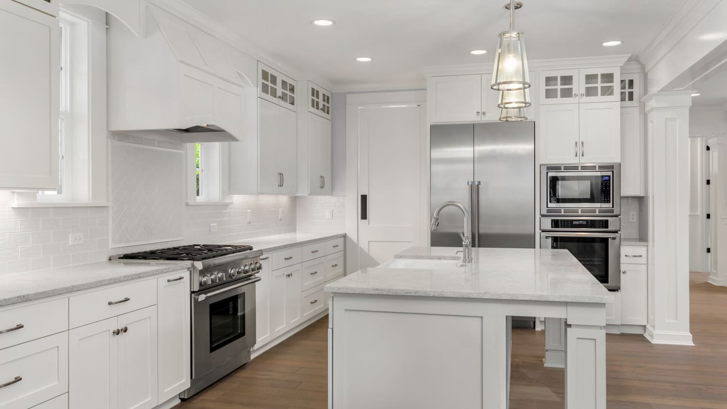Grey kitchen white appliances on sale