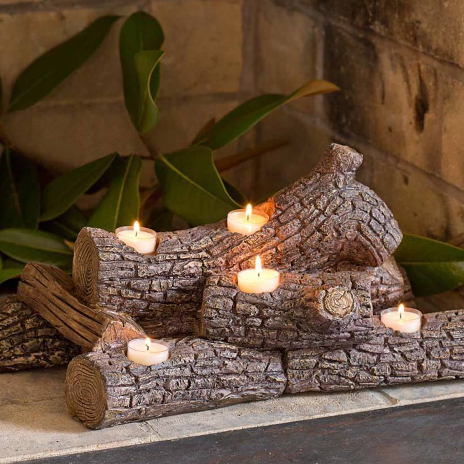 Fire Place Candle Log Rustic Resin Tea Light Holder Faux Fireplace Decor New 
