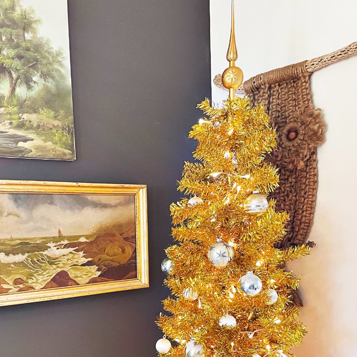 Festive Tinsel Tree with Vintage Ornaments