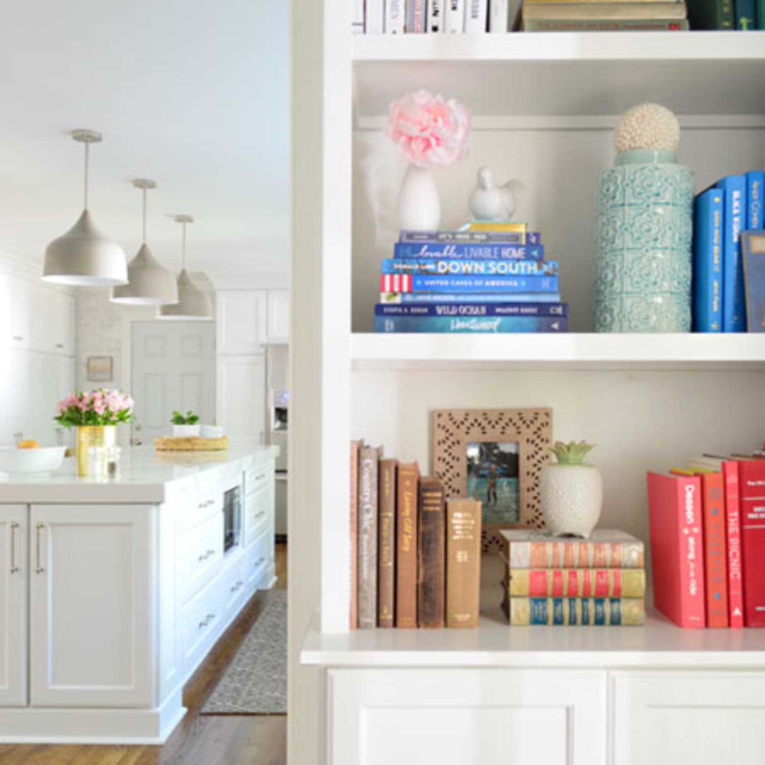 Built in outlet bookcase around doorway