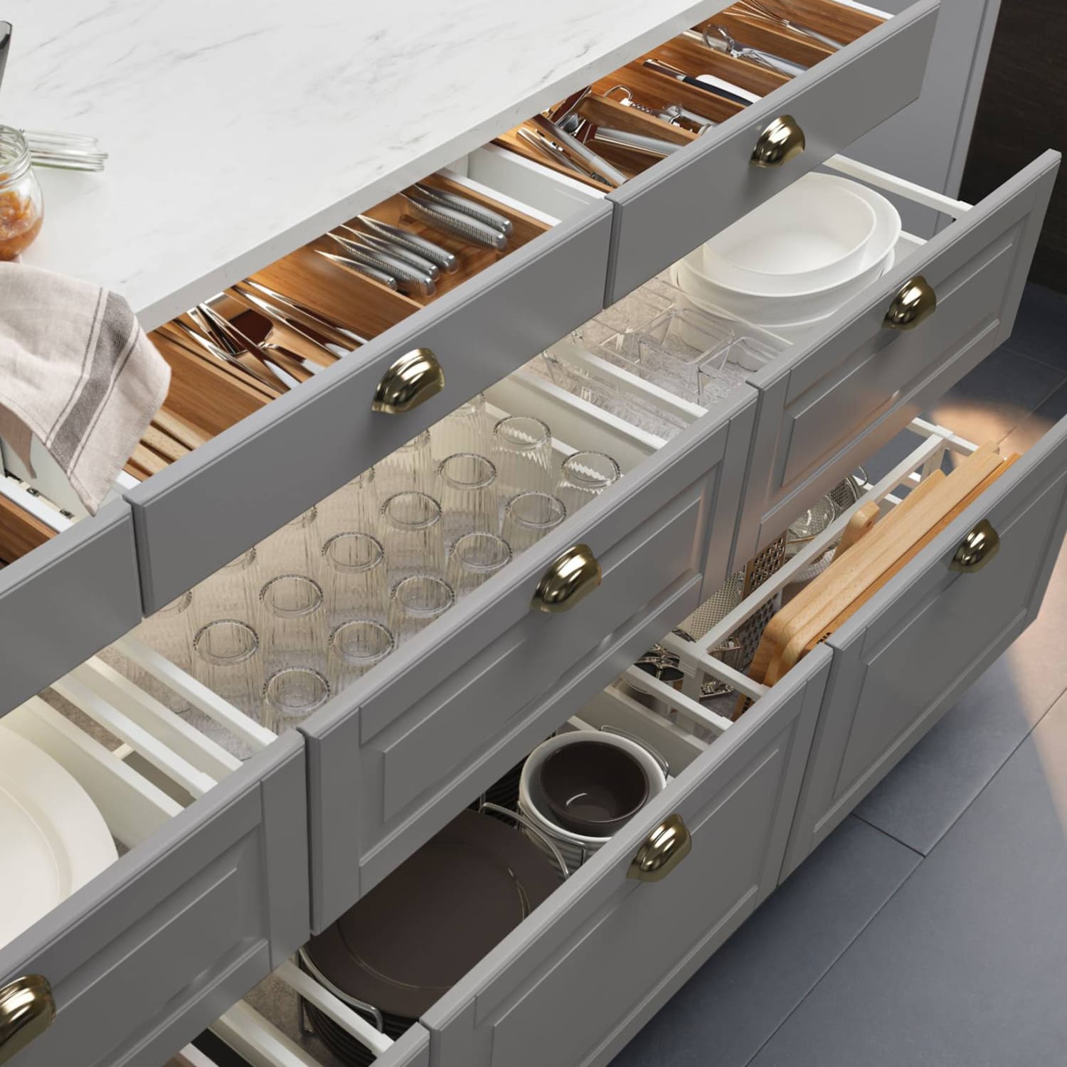 Storing dishes in drawers on sale