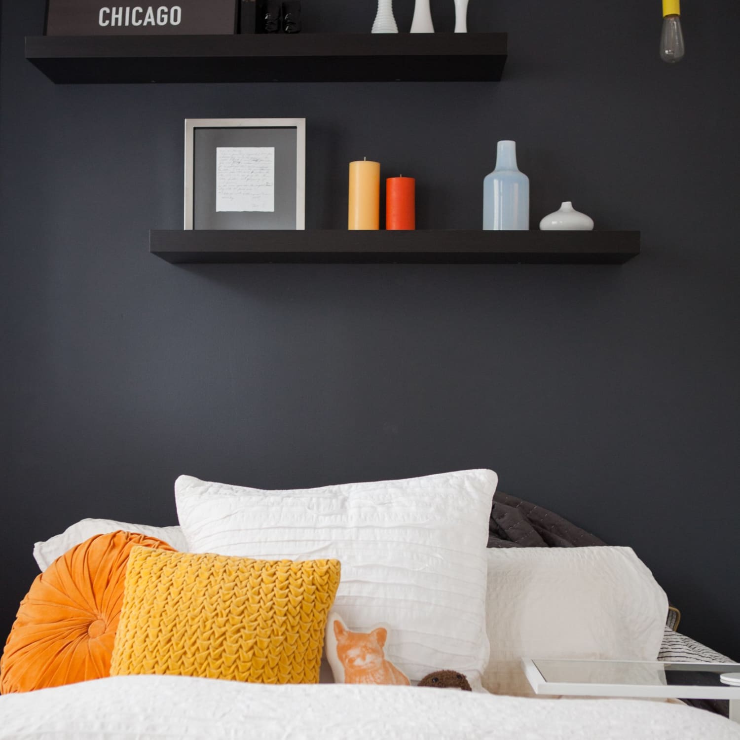 Dark blue and black outlet bedroom