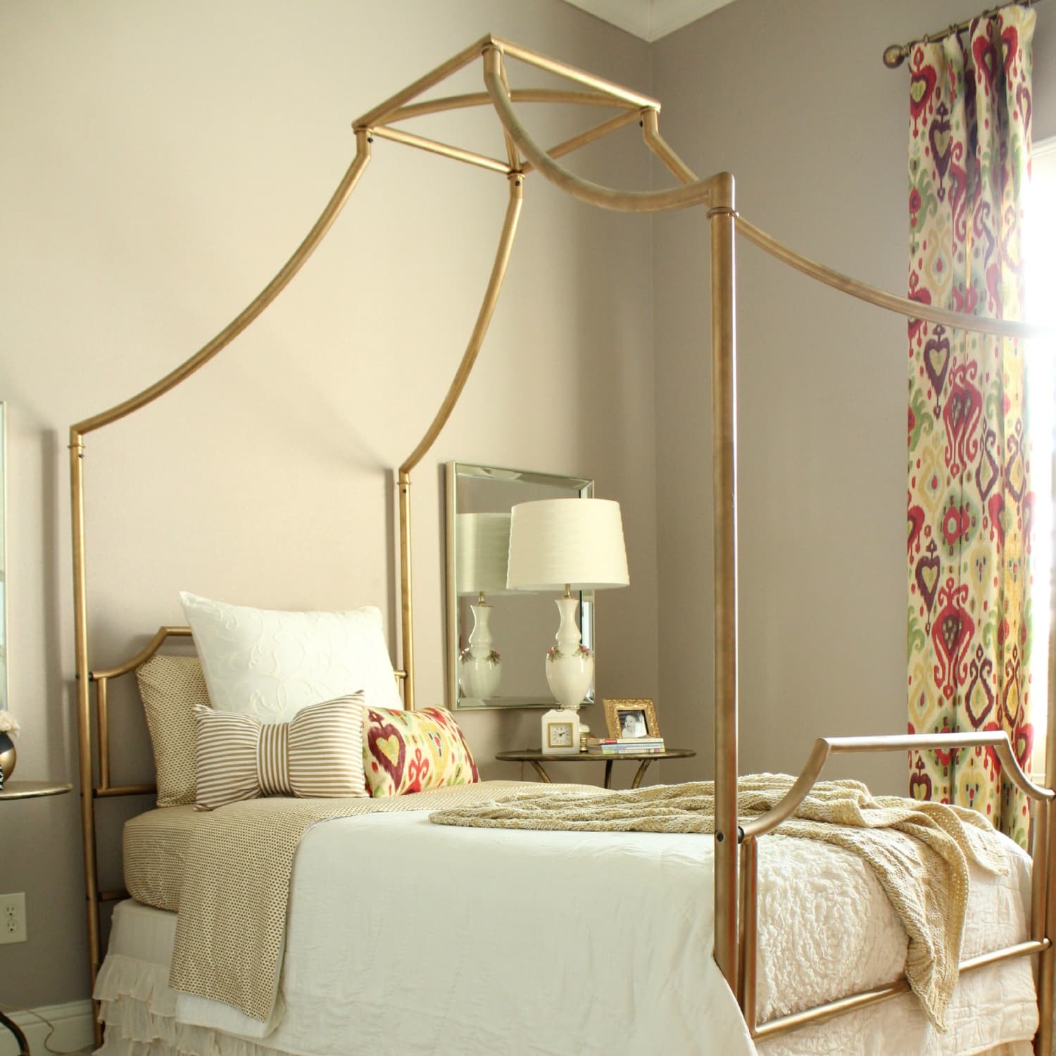 Pottery barn gold canopy shop bed