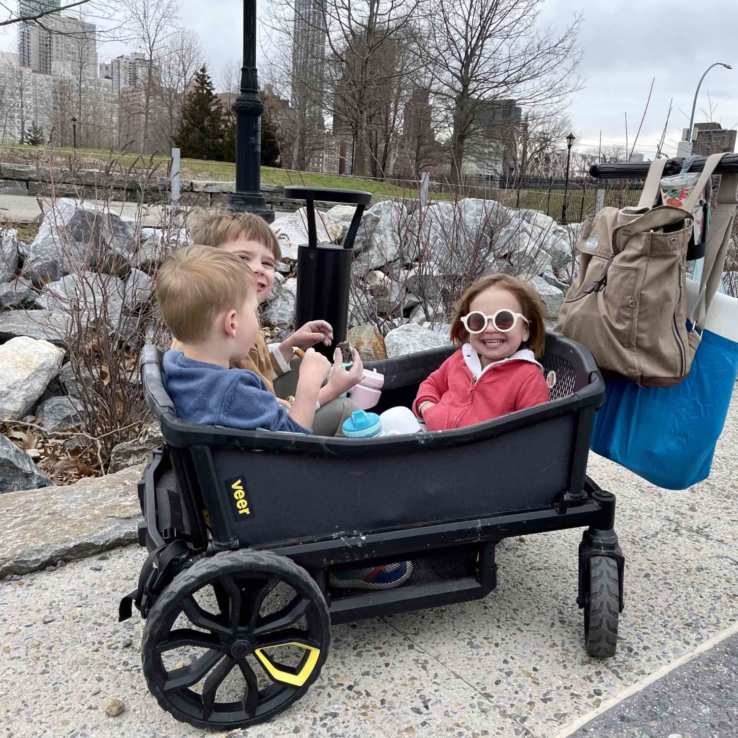 Pull along wagon with sales seat