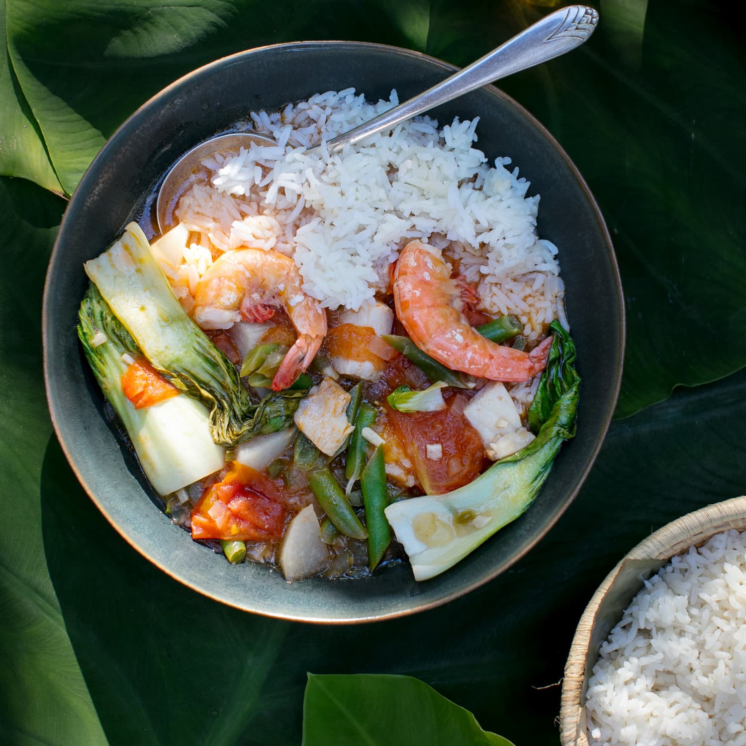 Bok Choy Risotto with Coconut Milk and Pan Seared Shrimp