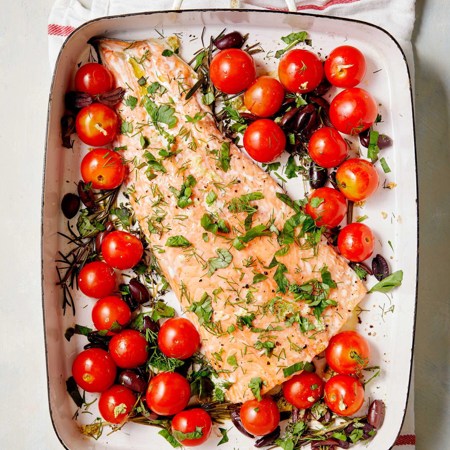 Slow-Roasted Salmon with Garlicky Tomatoes, Olives, and Herbs