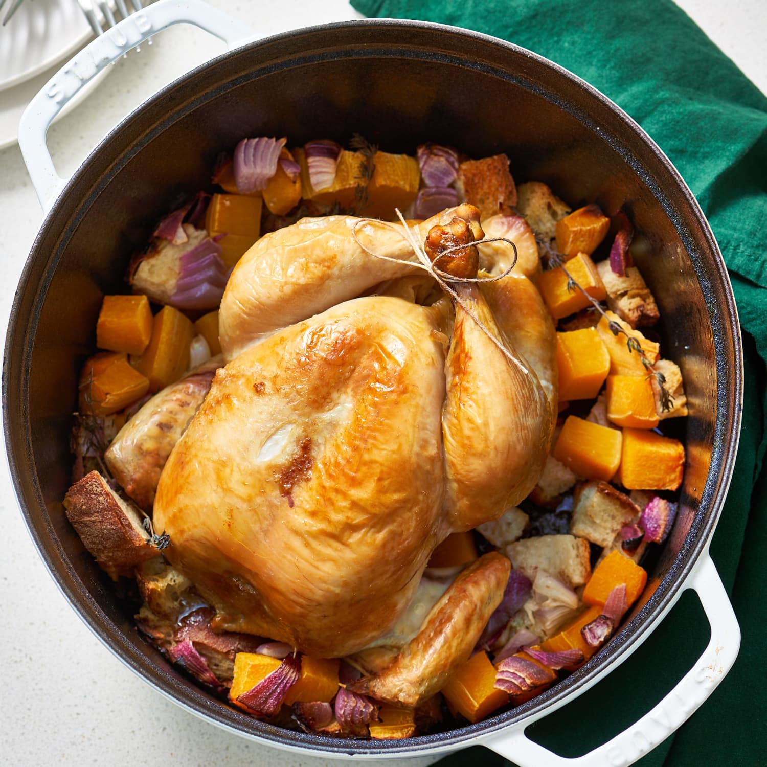A Whole Roasted Chicken Dinner in a Dutch Oven