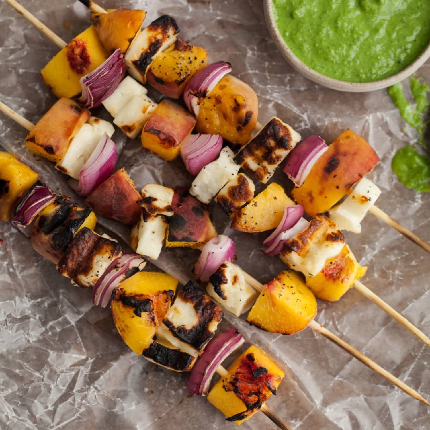 Grilled Peach And Cheese Skewers Naturally Ella Kitchn Charred cheese, caramelized vegetables and pistachio pesto sure beats a hot dog or hamburger. grilled peach and cheese skewers