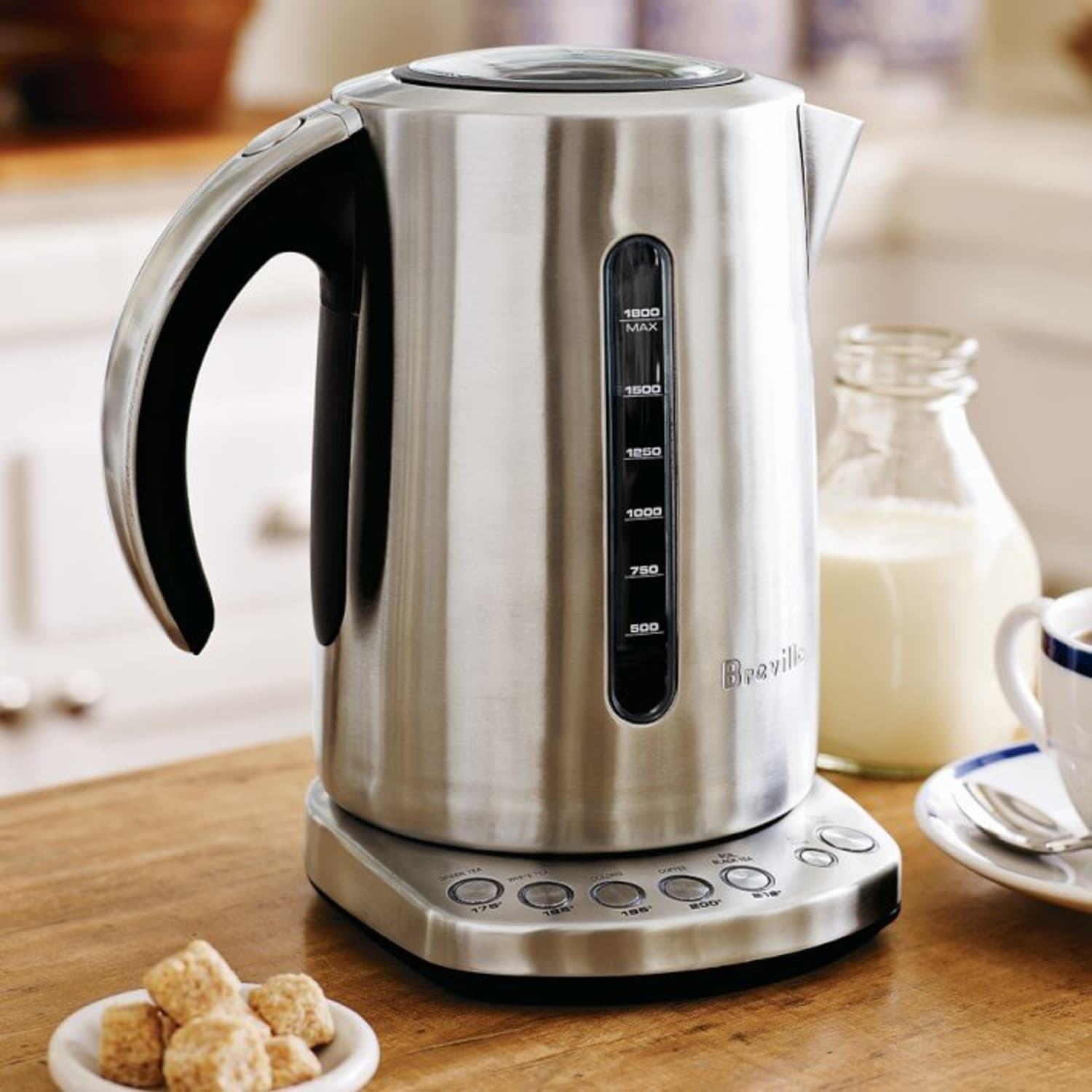 This electric tea kettle heats water safely and looks fab