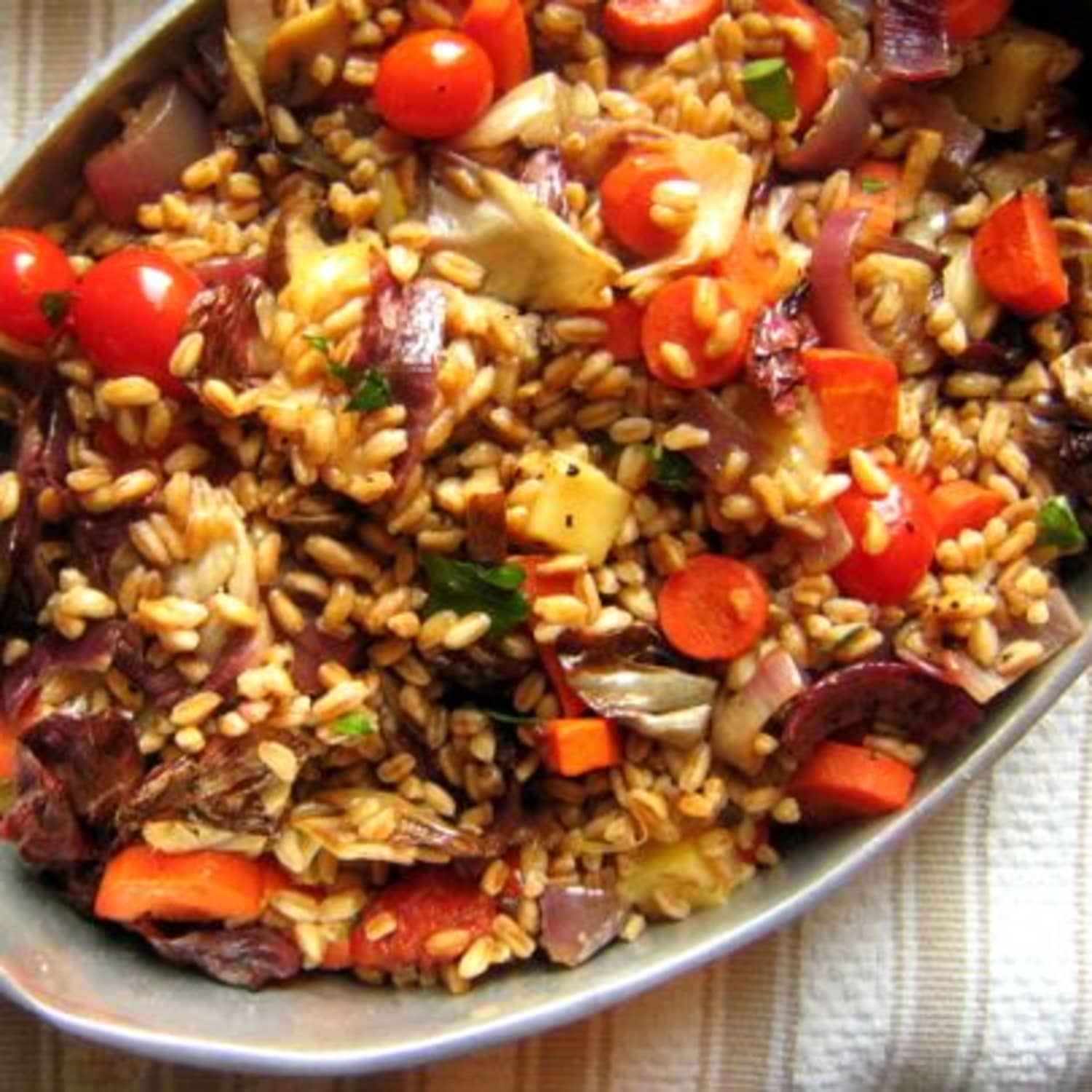 Recipe Warm Farro Salad With Roasted Vegetables And Fontina Kitchn This farro salad is perfect for making an appearance in a few meals for the week. warm farro salad with roasted vegetables and fontina
