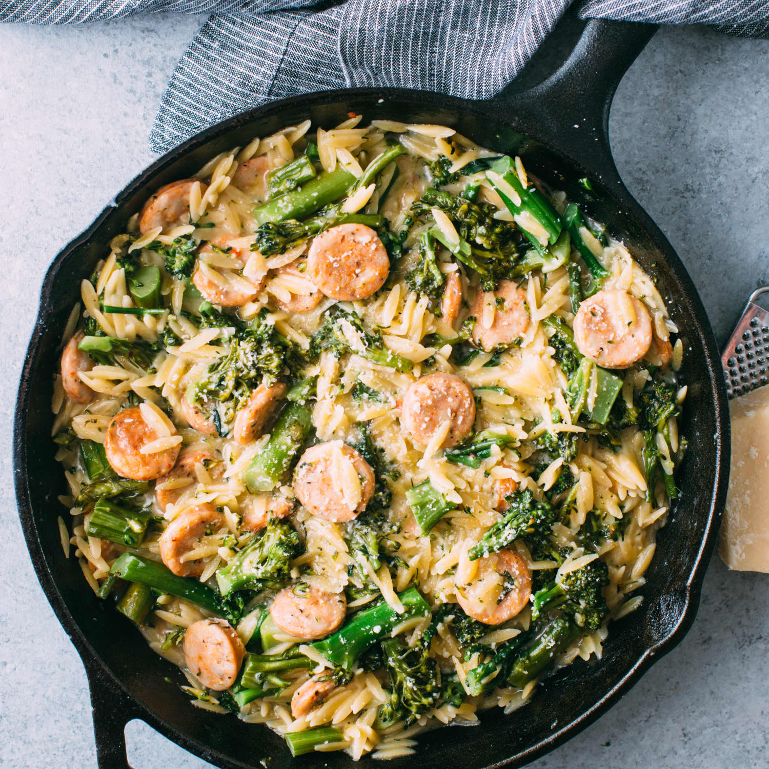 Easy Broccolini Chicken Sausage And Orzo Skillet One Pan Dinner