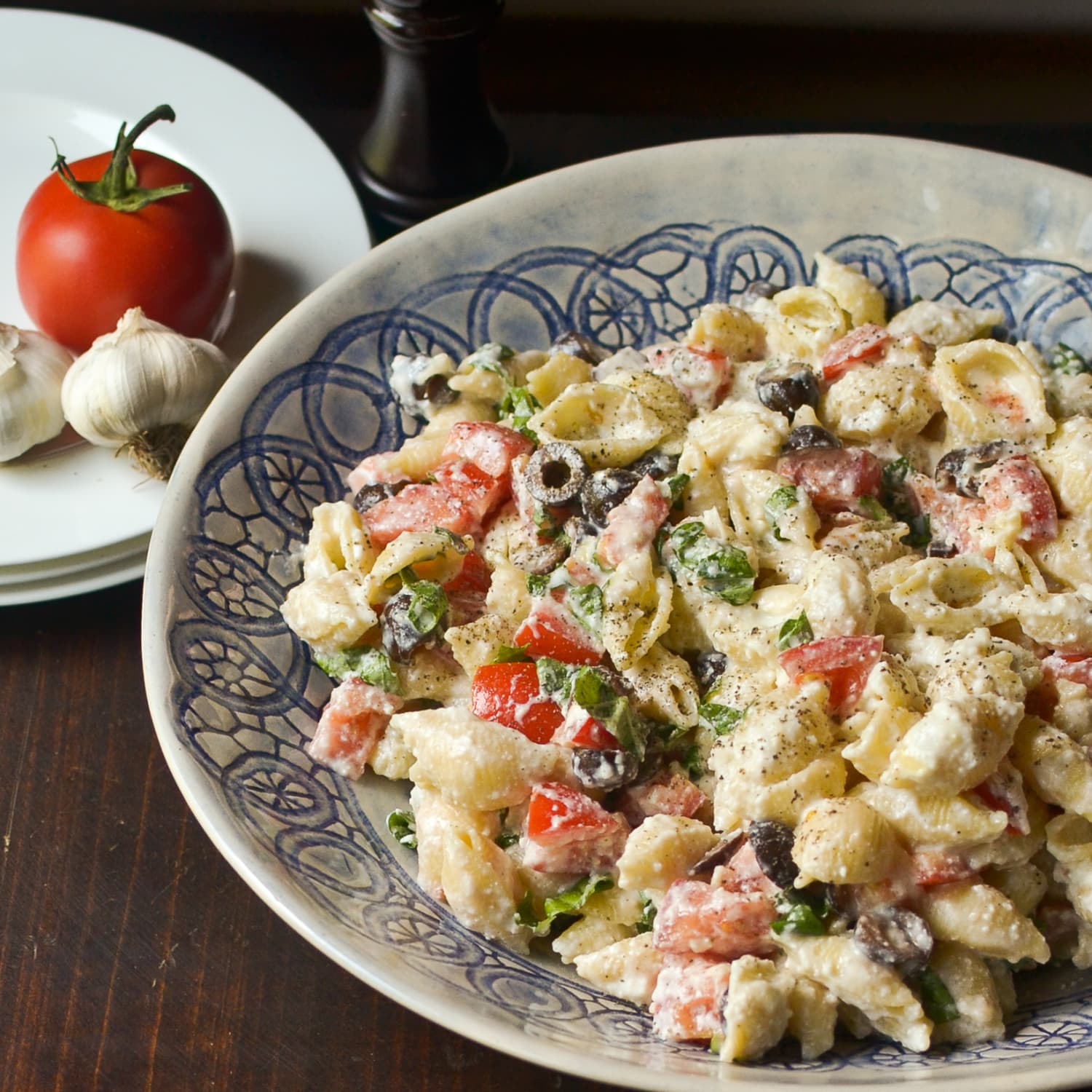 Summer Salad Recipe Roasted Garlic Olive Tomato Pasta Salad