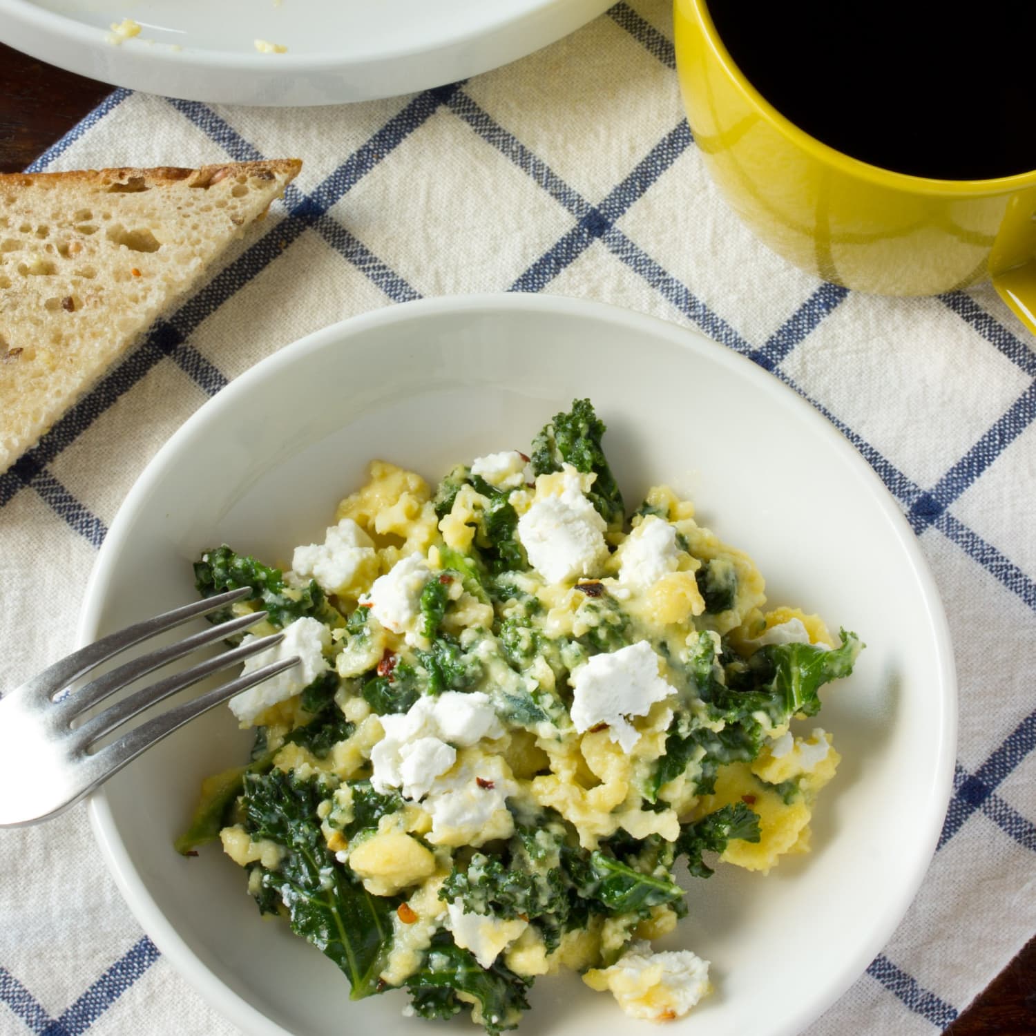 Breakfast Recipe Scrambled Eggs With Goat Cheese Greek Yogurt Greens Kitchn