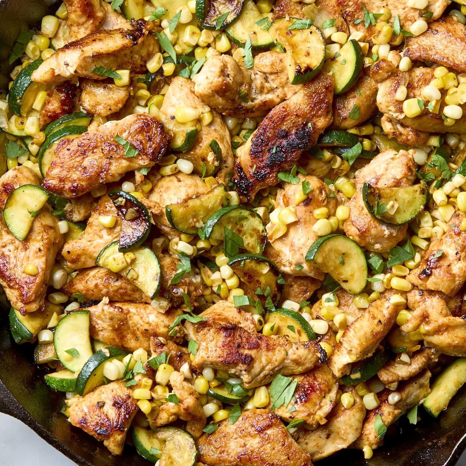 One Pan Chicken with Charred Corn and Zucchini