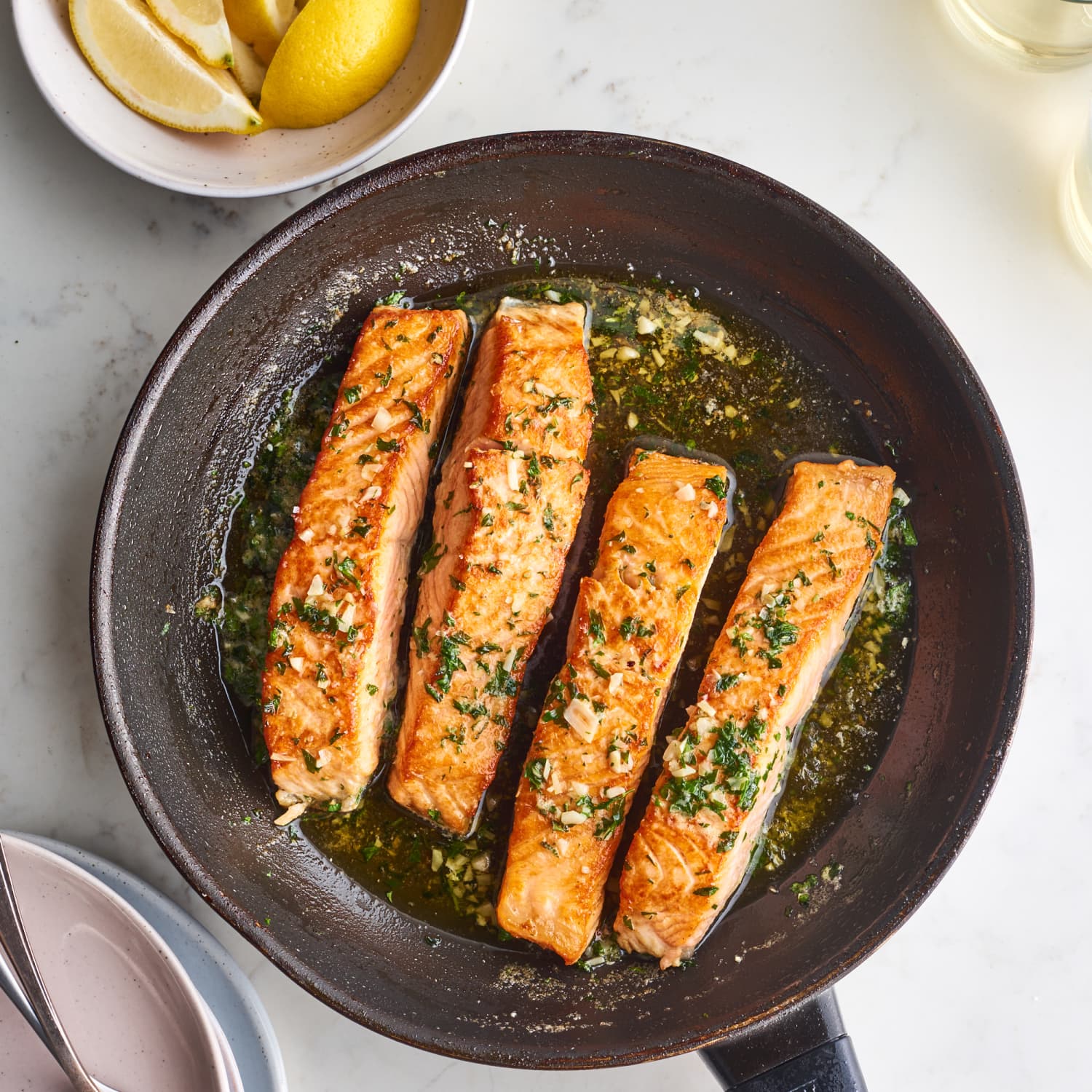 Pan fry shop salmon with skin