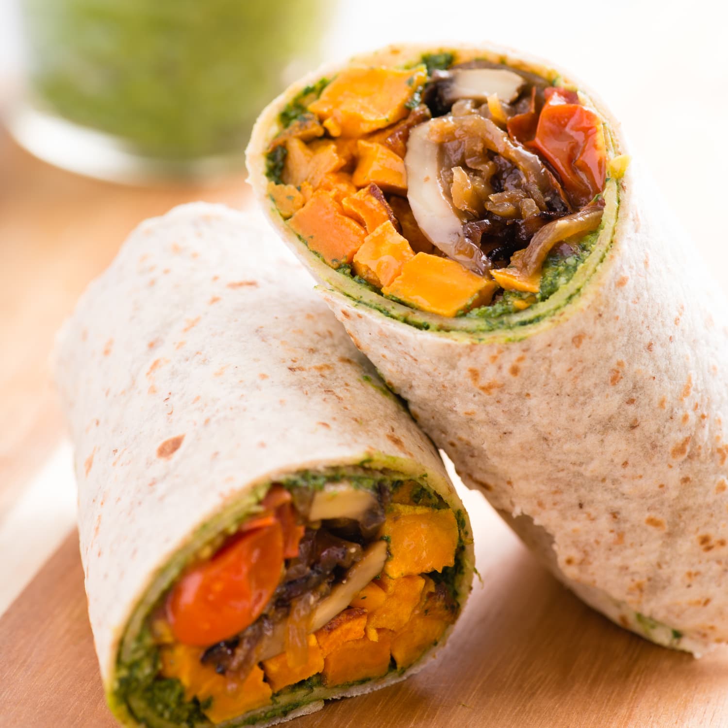 Roasted Sweet Potato Wraps with Caramelized Onions and Pesto