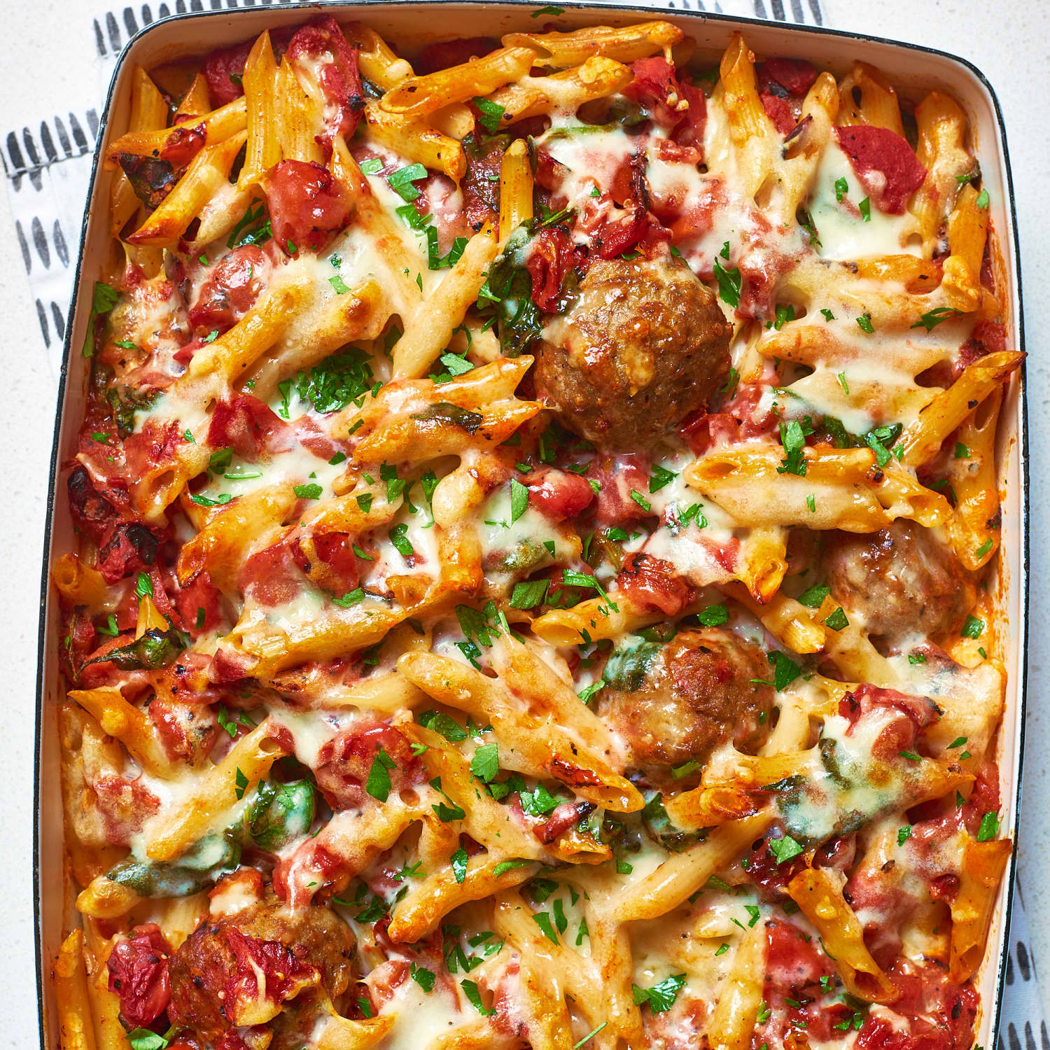 Baked pasta with meatballs shop
