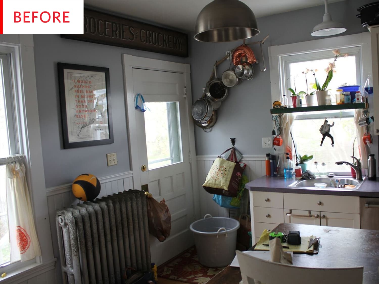 Before And After A Sparkly Purple Kitchen Goes Blue Steel Apartment Therapy