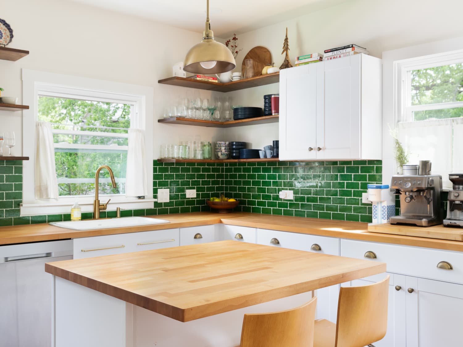 green backsplash white kitchen