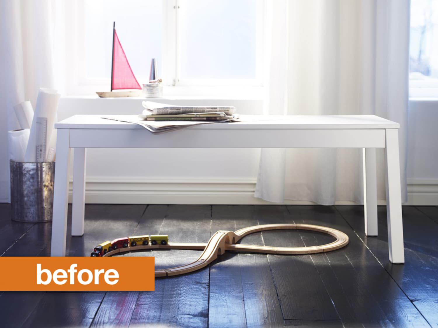 Before After White IKEA SIGURD Bench Gets a Colorful Makeover Apartment Therapy