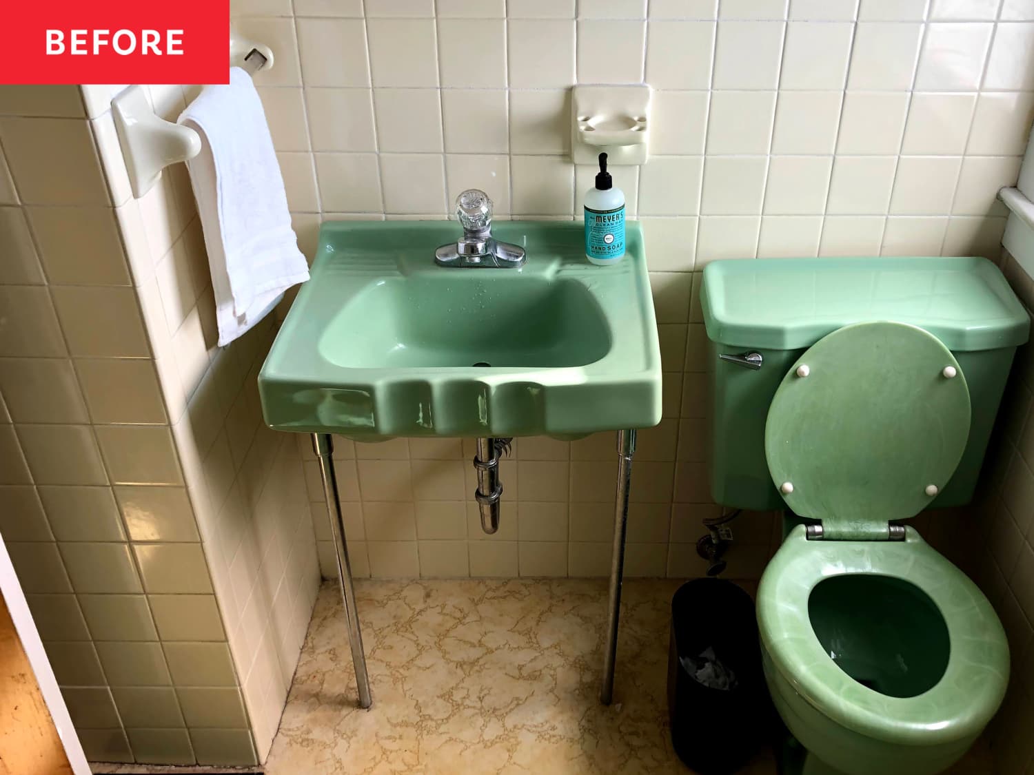 Vintage Bathroom Redo with Green Sink, Tub, and Toilet - Before