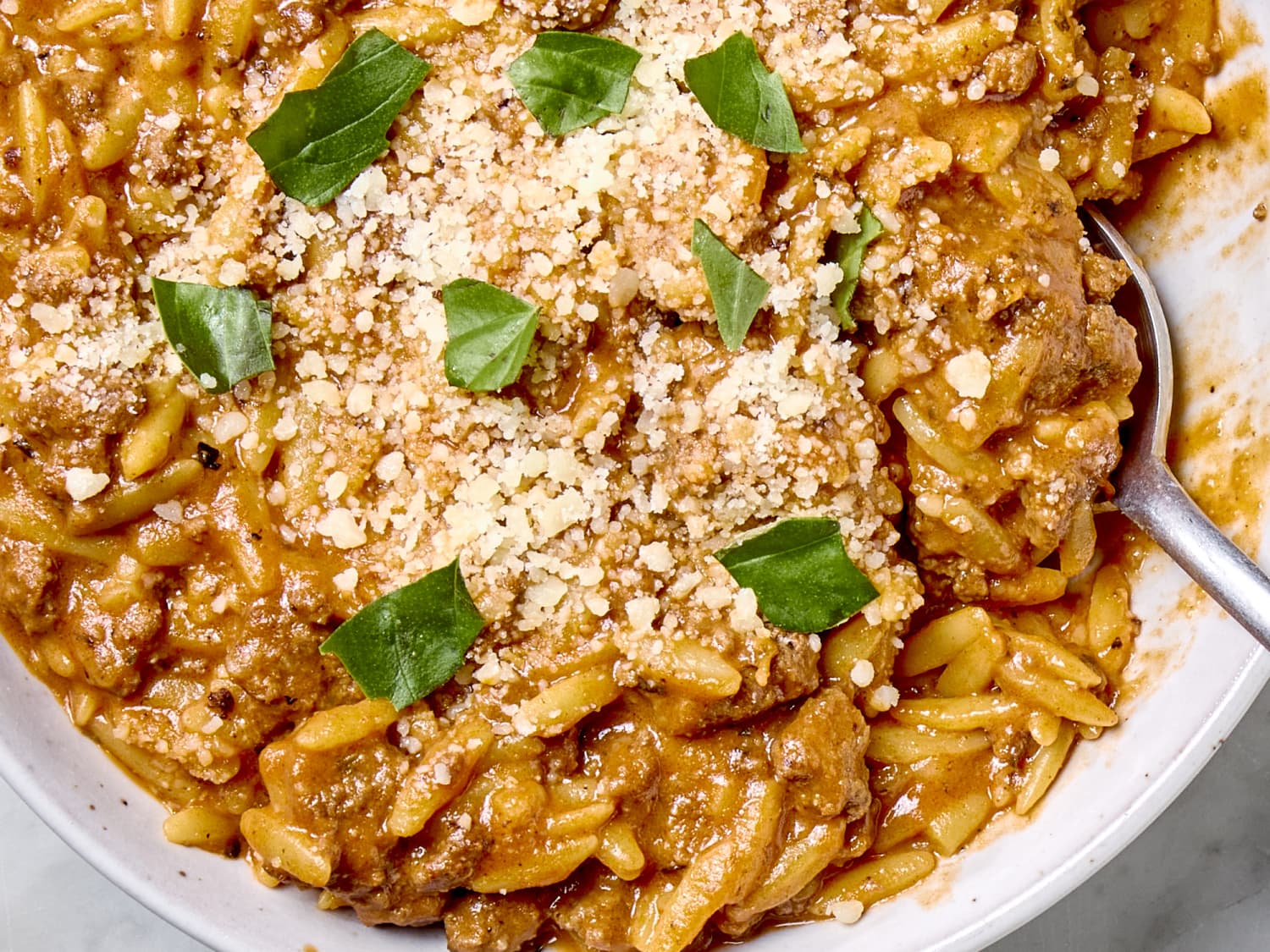 Hearty one-pot ground beef orzo with savory beef and creamy sauce