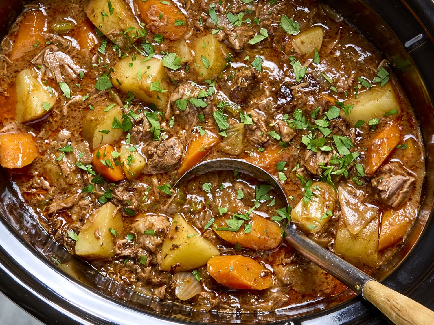 Cozy slow cooker beef stew ready for a winter evening