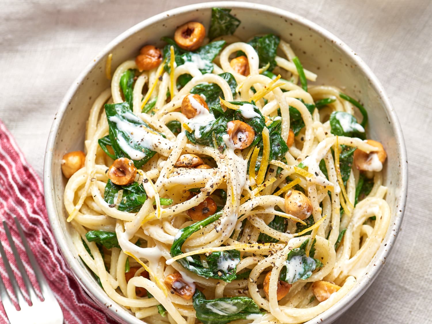 Spaghetti with Mascarpone, Meyer Lemon, Spinach, and Hazelnuts | Kitchn